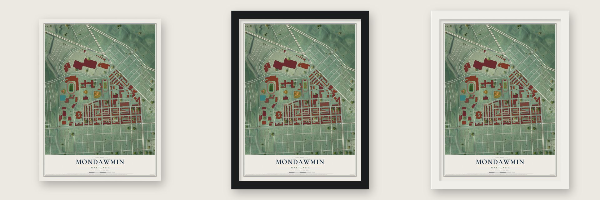 Mondawmin, Maryland map unframed, in a black wood frame and in a white wood frame
