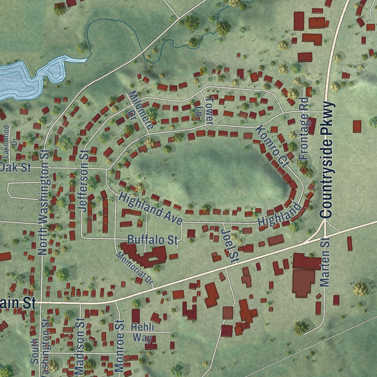 Second close-up of the map of Mondovi, Wisconsin print showing more streets and buildings
