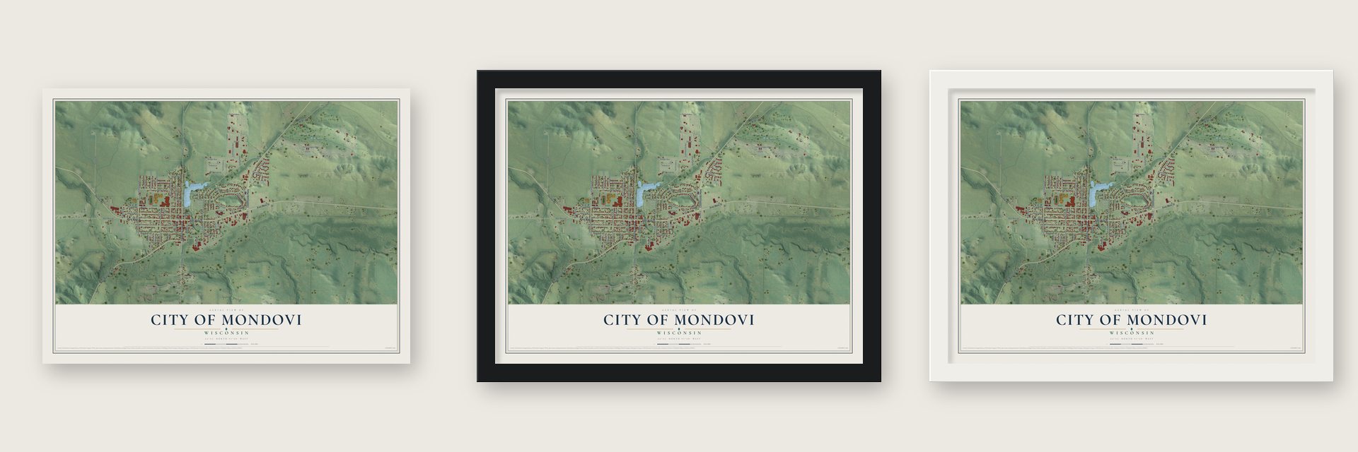 Mondovi, Wisconsin map unframed, in a black wood frame and in a white wood frame