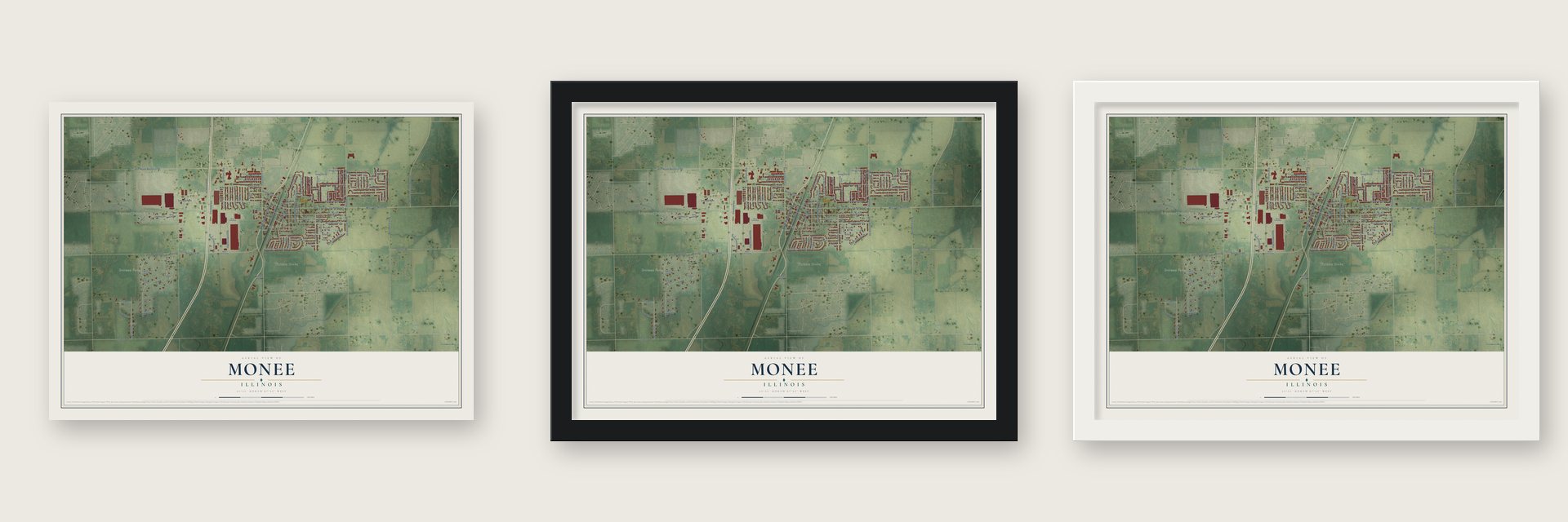 Monee, Illinois map unframed, in a black wood frame and in a white wood frame
