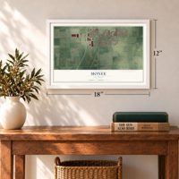 Monee, Illinois map, 12 x 18 inch print in a white frame in an entryway