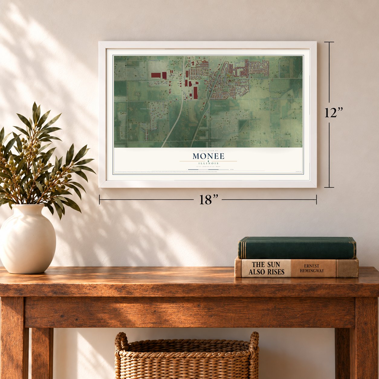 Monee, Illinois map, 12 x 18 inch print in a white frame in an entryway