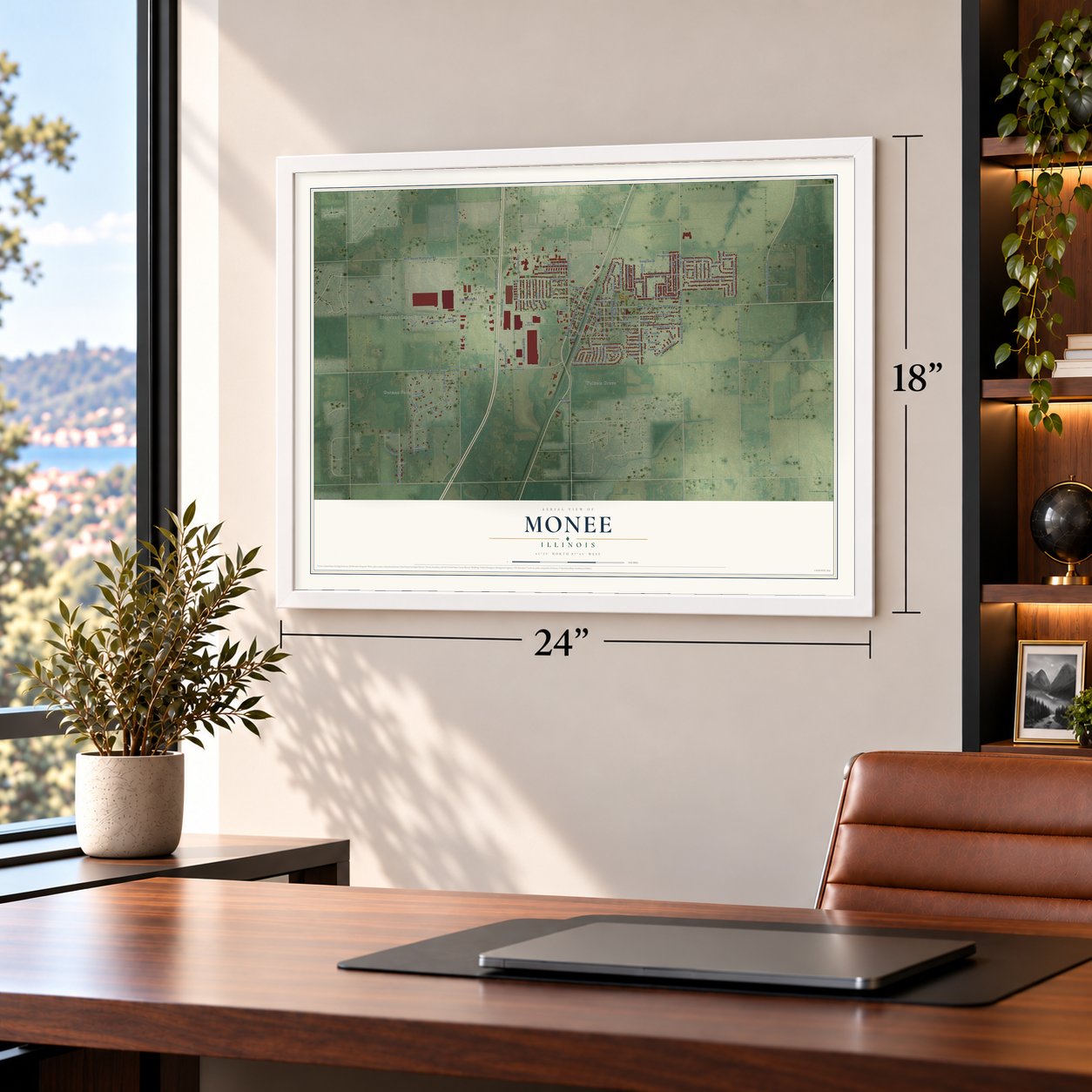 Monee, Illinois map, 18 x 24 inch print in a white frame in a home office