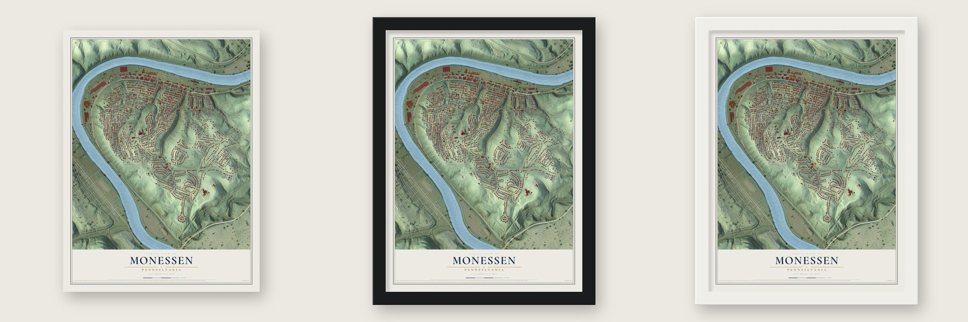 Monessen, Pennsylvania map unframed, in a black wood frame and in a white wood frame
