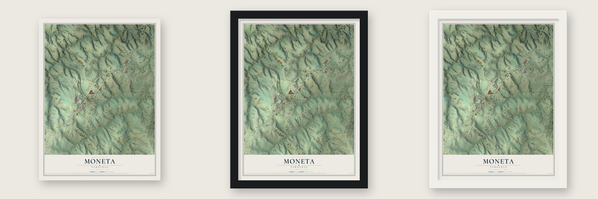 Moneta, Virginia map unframed, in a black wood frame and in a white wood frame
