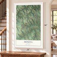 Moneta, Virginia map, 24 x 36 inch print in a white frame by a staircase