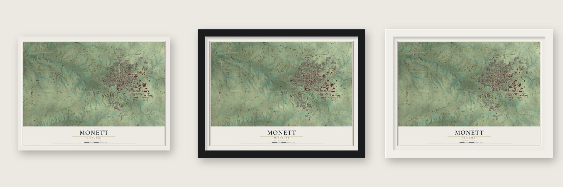 Monett, Missouri map unframed, in a black wood frame and in a white wood frame