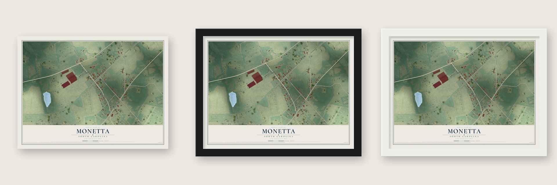 Monetta, South Carolina map unframed, in a black wood frame and in a white wood frame