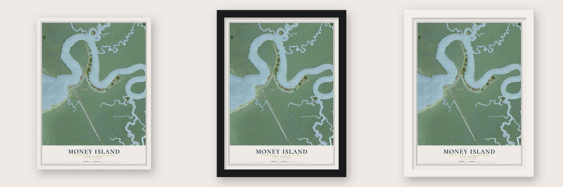 Money Island, New Jersey map unframed, in a black wood frame and in a white wood frame