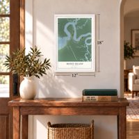 Money Island, New Jersey map, 12 x 18 inch print in a white frame in an entryway