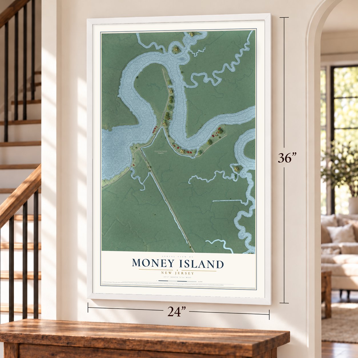 Money Island, New Jersey map, 24 x 36 inch print in a white frame by a staircase