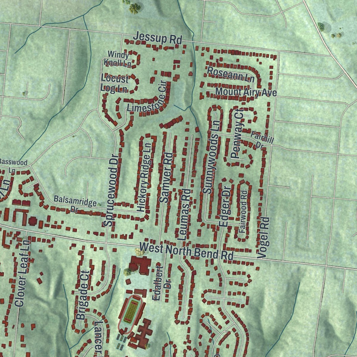 Second close-up of the map of Monfort Heights, Ohio print showing more streets and buildings