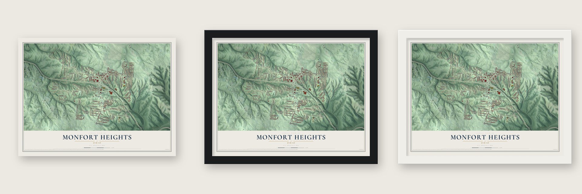 Monfort Heights, Ohio map unframed, in a black wood frame and in a white wood frame
