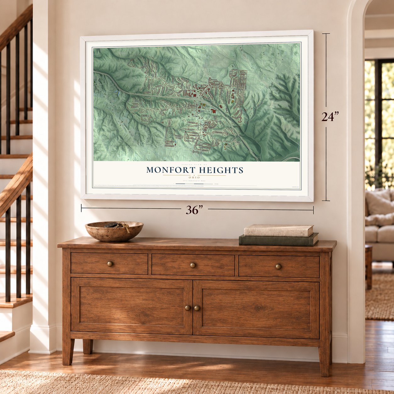 Monfort Heights, Ohio map, 24 x 36 inch print in a white frame above a dresser by a staircase