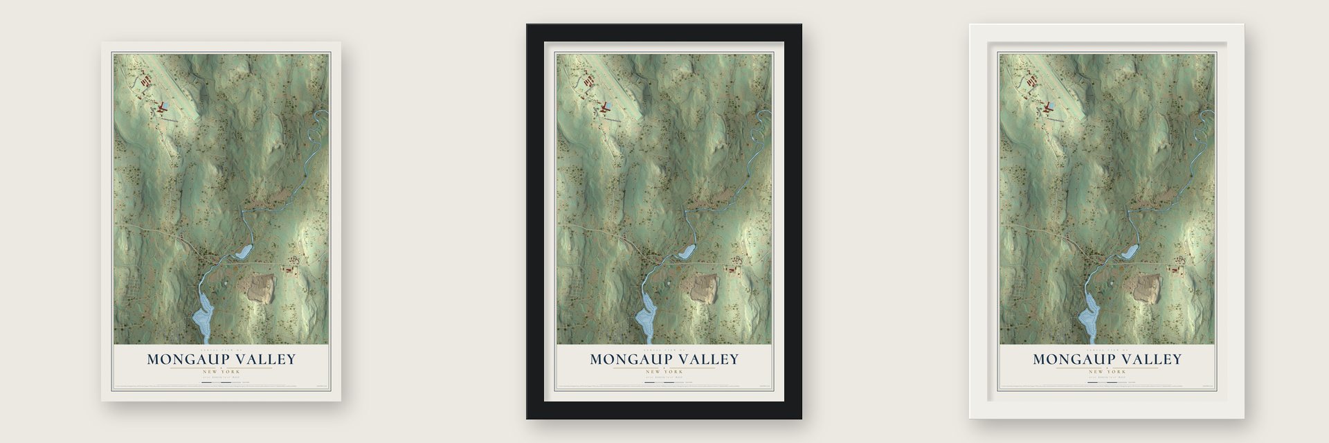 Mongaup Valley, New York map unframed, in a black wood frame and in a white wood frame