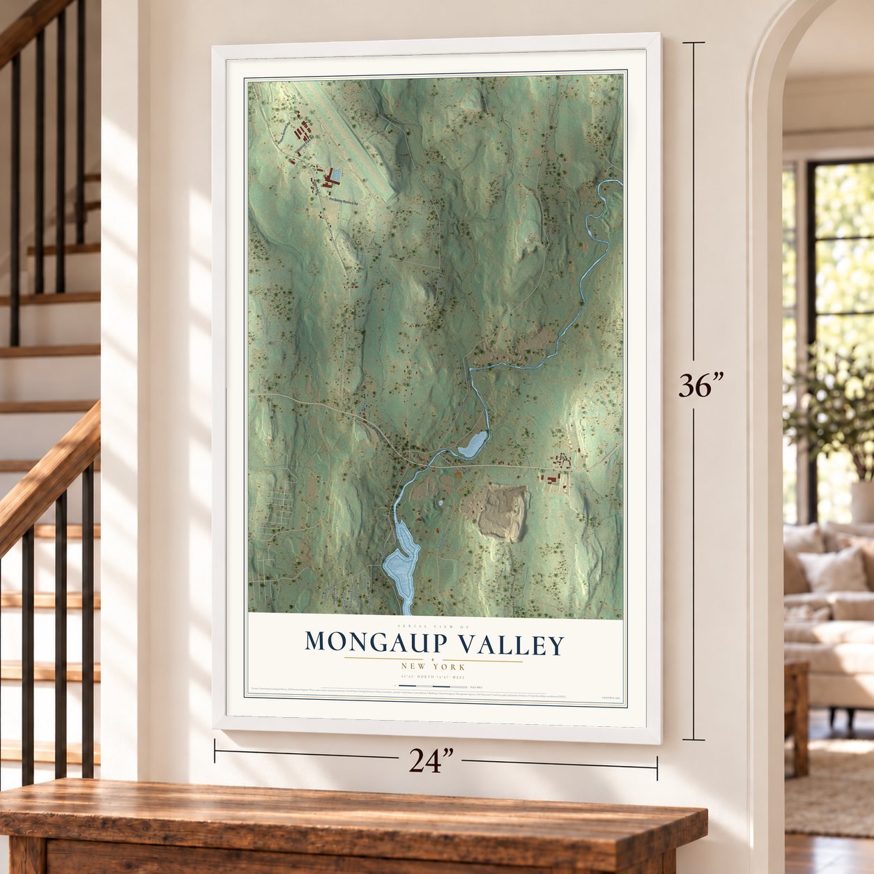 Mongaup Valley, New York map, 24 x 36 inch print in a white frame by a staircase