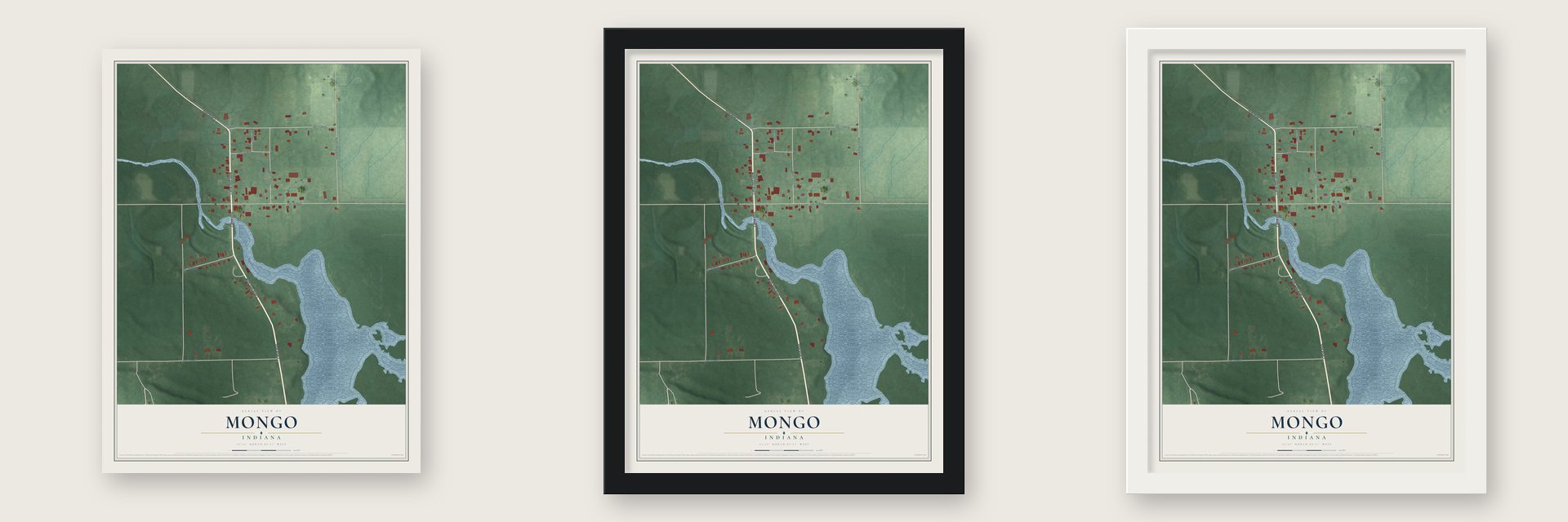 Mongo, Indiana map unframed, in a black wood frame and in a white wood frame