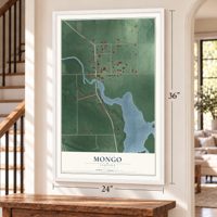Mongo, Indiana map, 24 x 36 inch print in a white frame by a staircase
