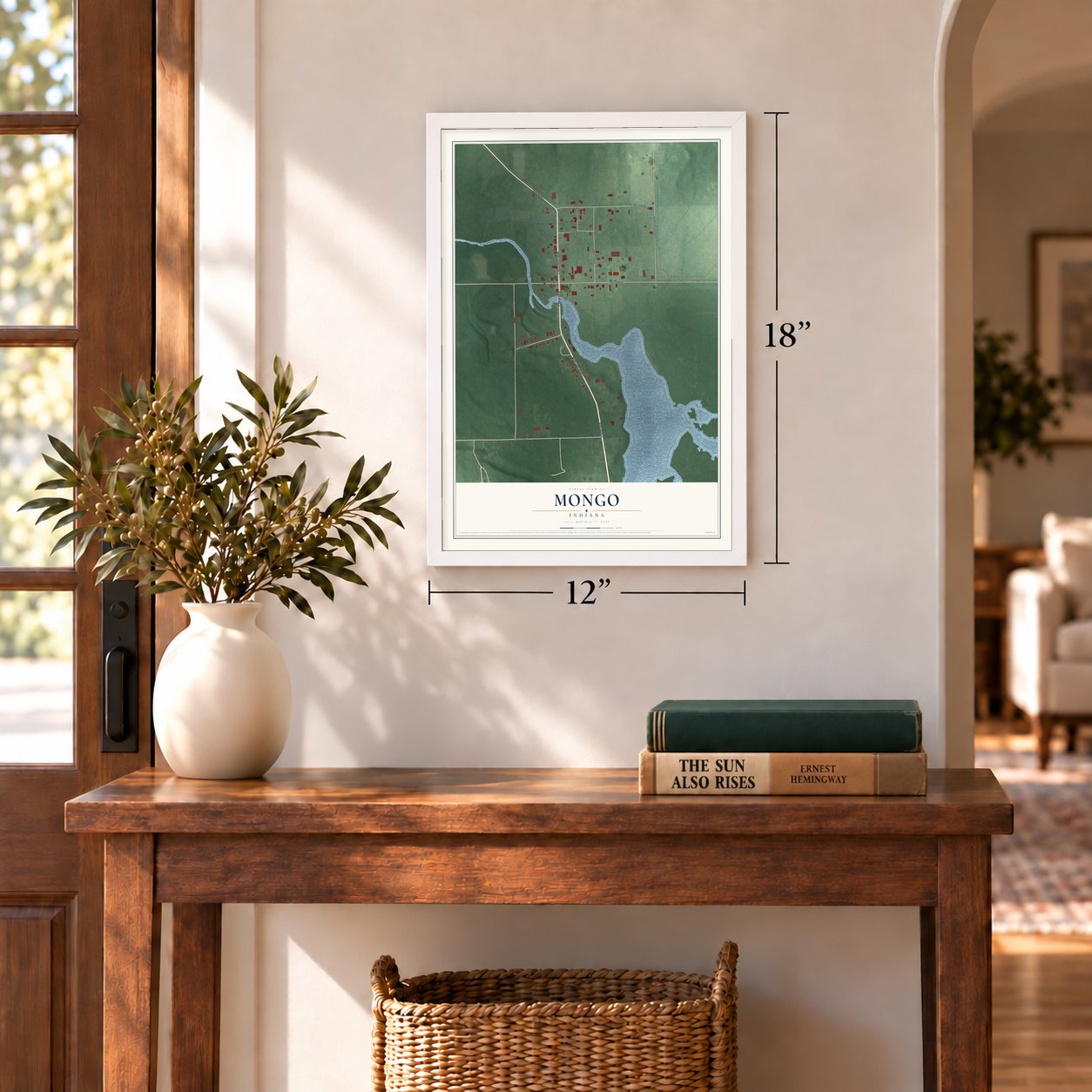 Mongo, Indiana map, 12 x 18 inch print in a white frame in an entryway