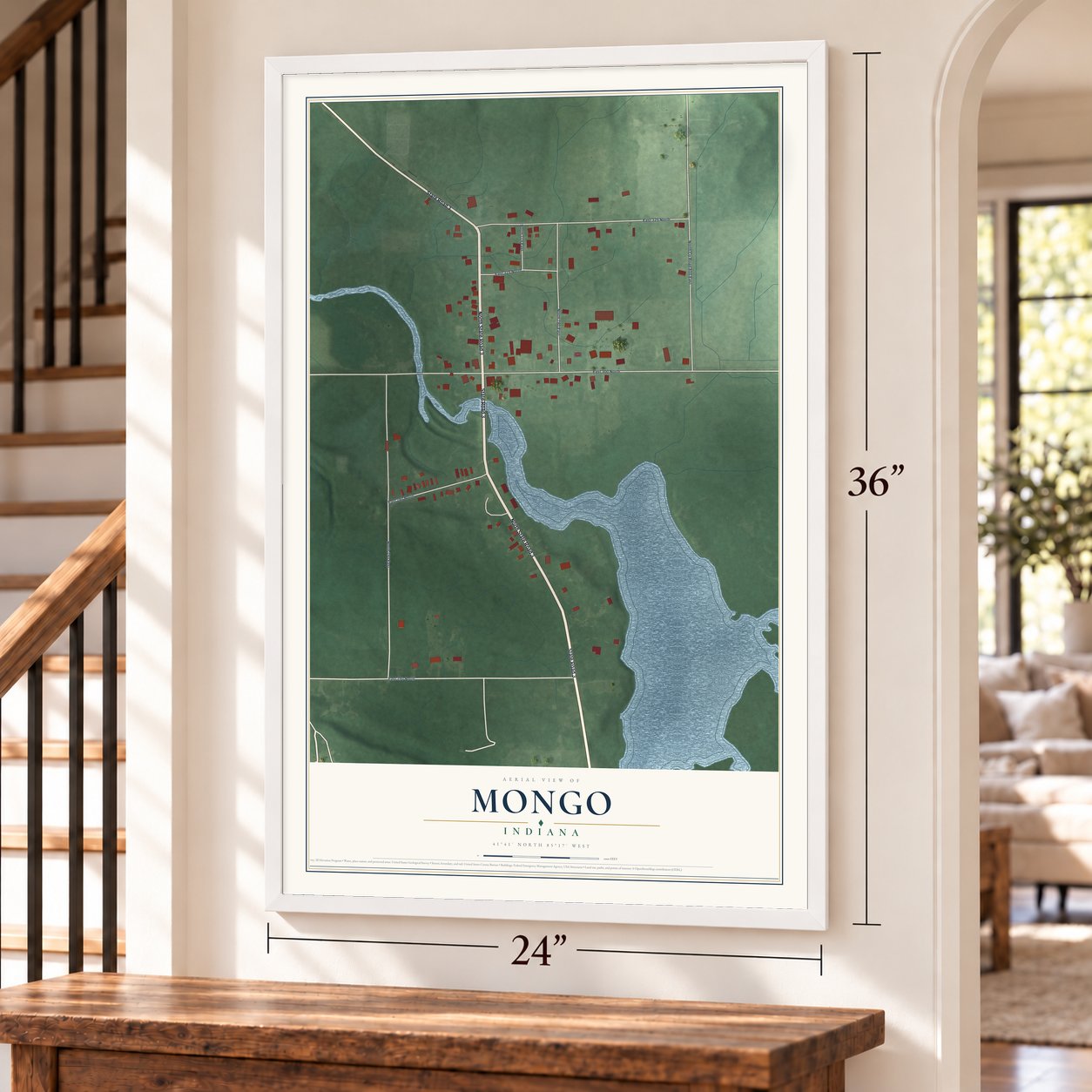 Mongo, Indiana map, 24 x 36 inch print in a white frame by a staircase