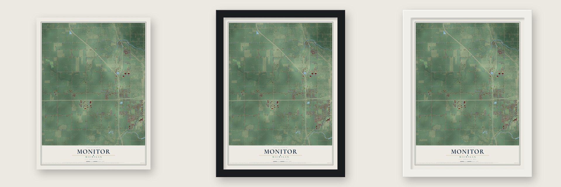Monitor, Michigan map unframed, in a black wood frame and in a white wood frame