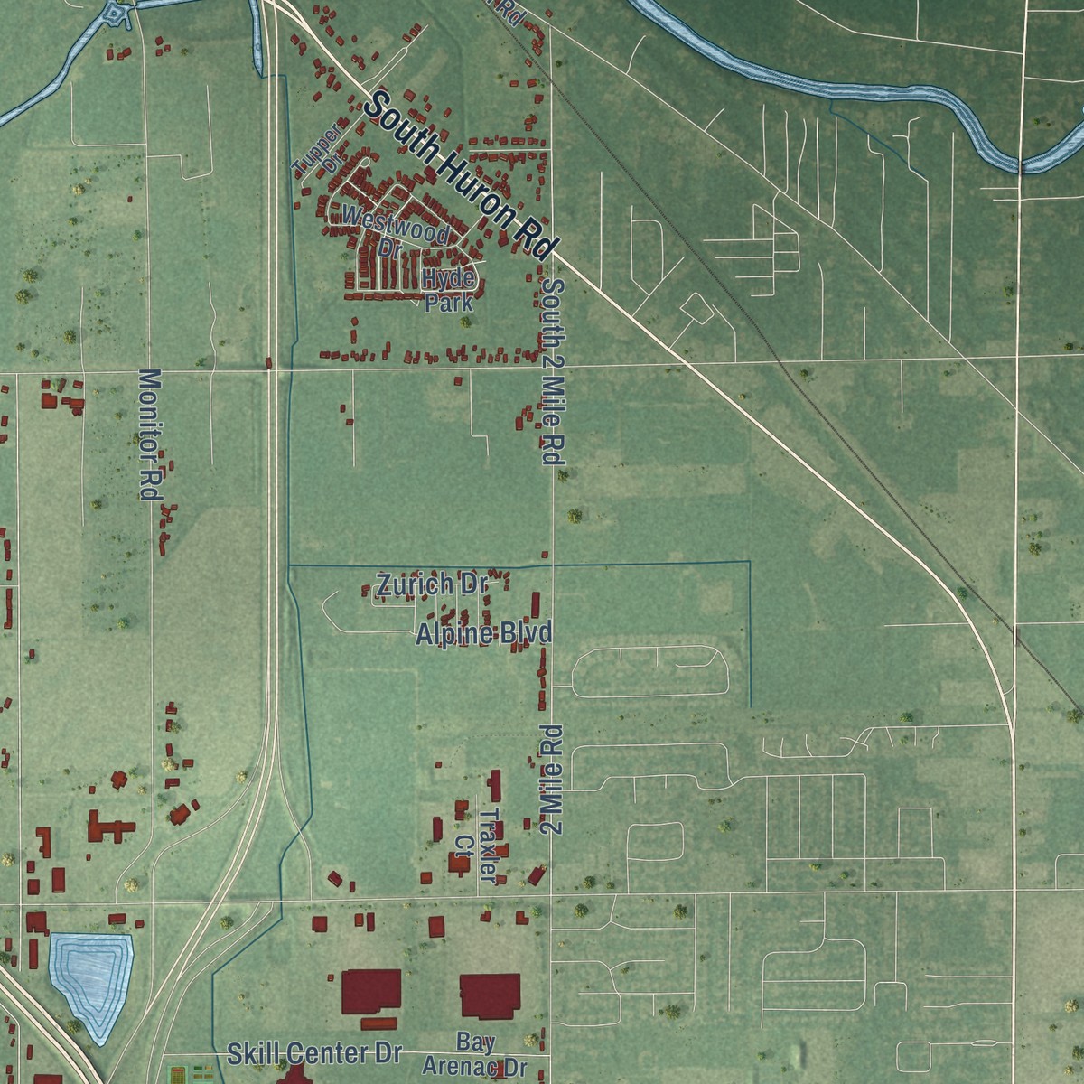 Second close-up of the map of Monitor, Michigan print showing more streets and buildings