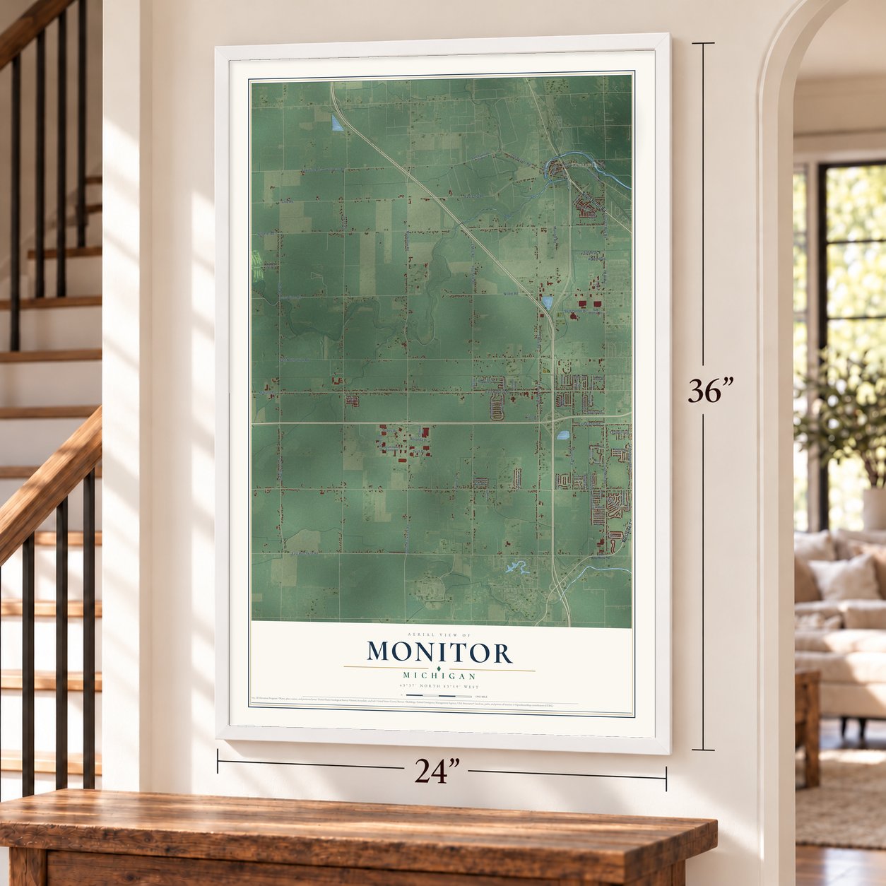 Monitor, Michigan map, 24 x 36 inch print in a white frame by a staircase