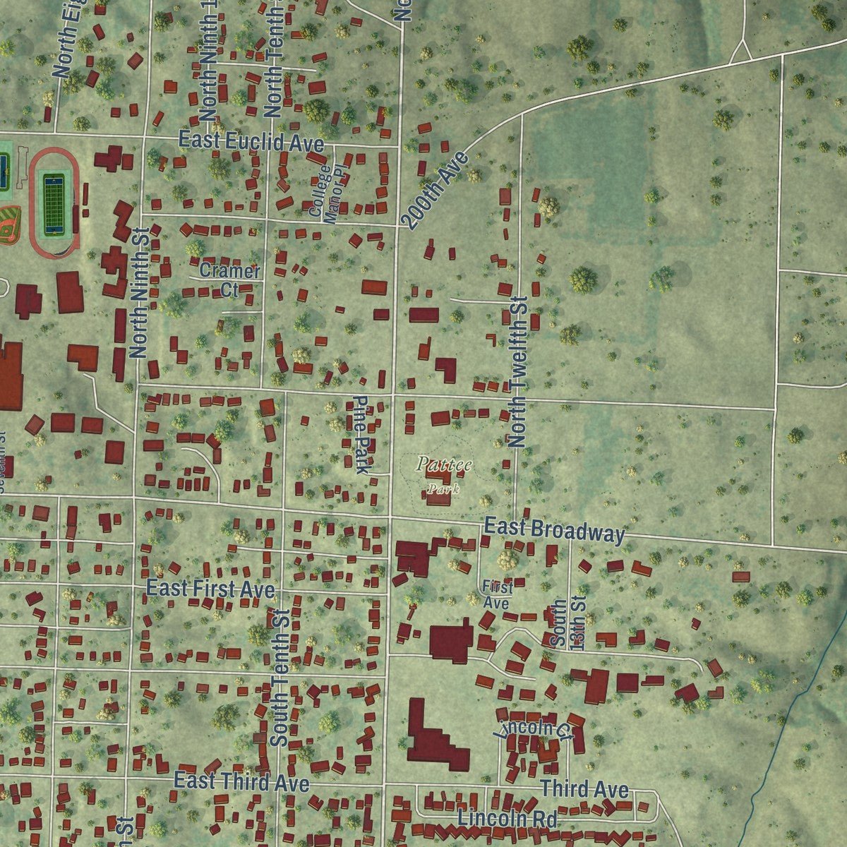 Second close-up of the map of Monmouth, Illinois print showing more streets and buildings