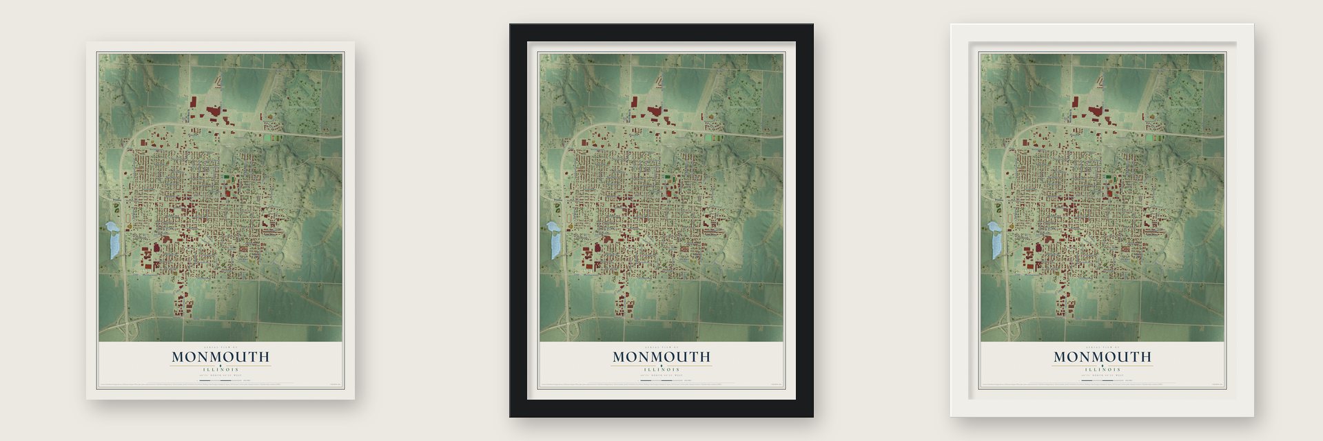 Monmouth, Illinois map unframed, in a black wood frame and in a white wood frame