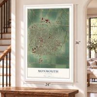Monmouth, Illinois map, 24 x 36 inch print in a white frame by a staircase