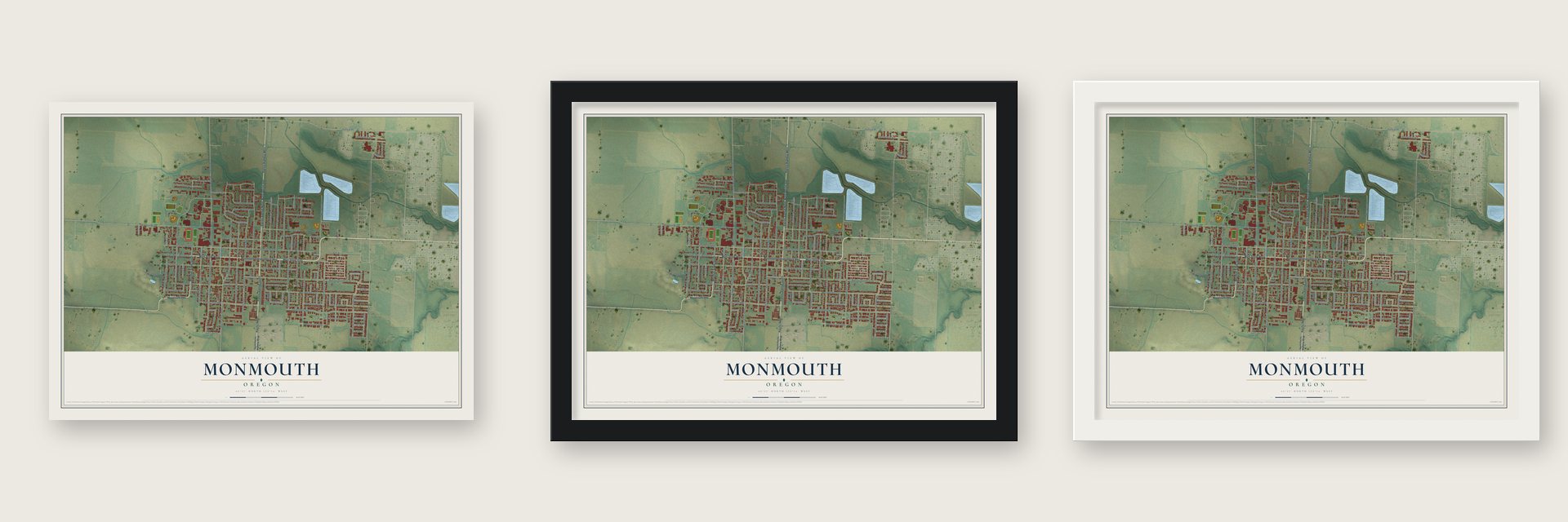 Monmouth, Oregon map unframed, in a black wood frame and in a white wood frame