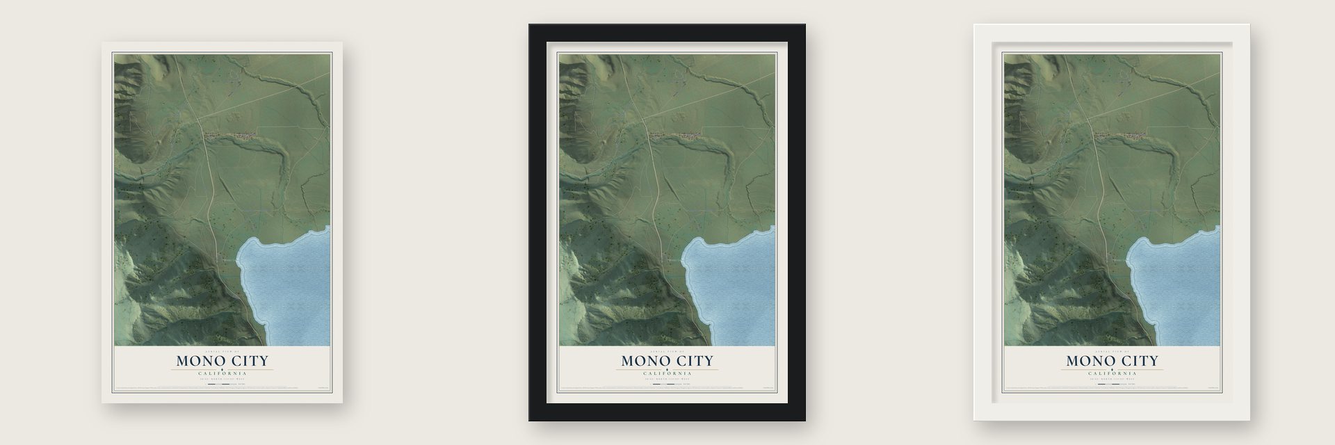 Mono City, California map unframed, in a black wood frame and in a white wood frame