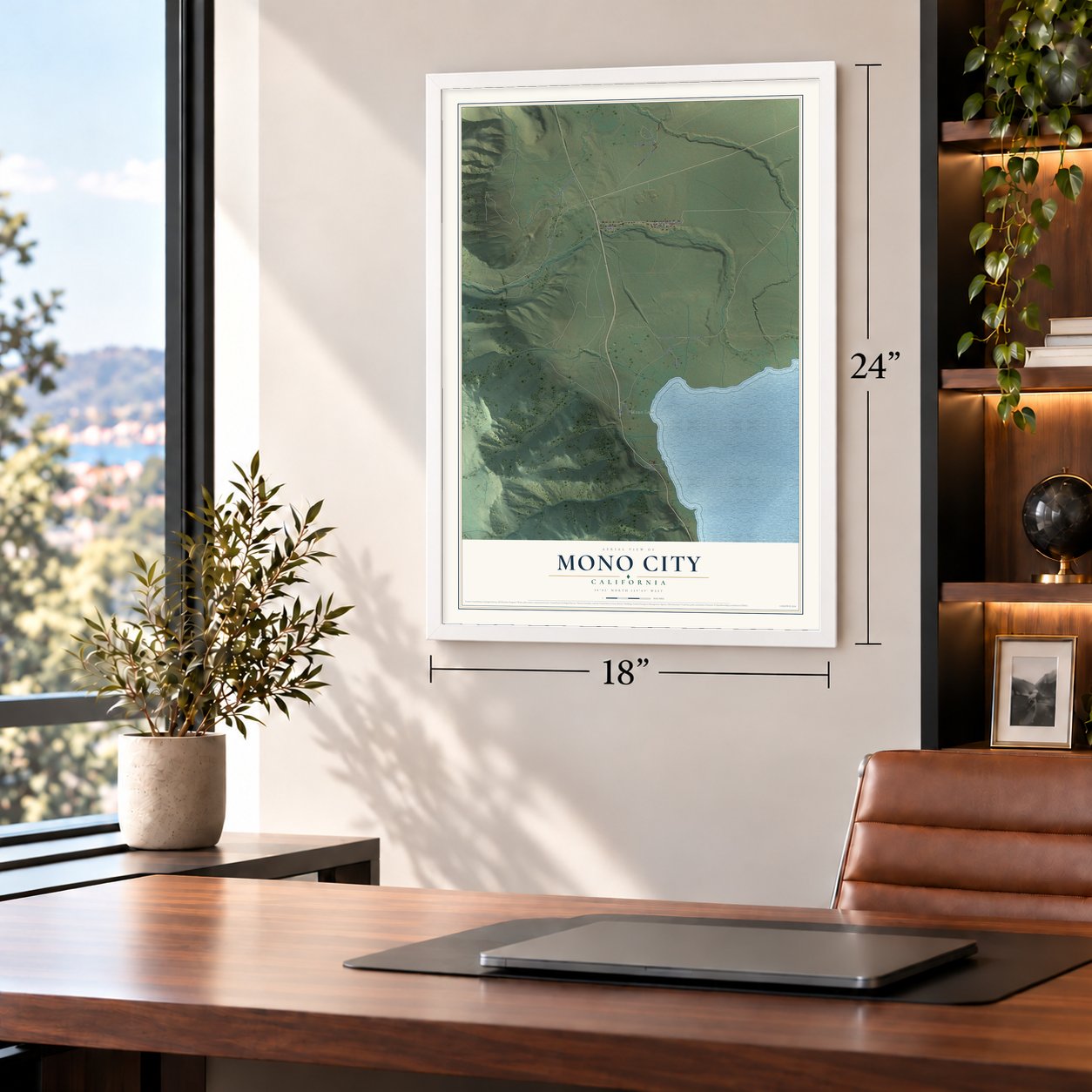 Mono City, California map, 18 x 24 inch print in a white frame in a home office