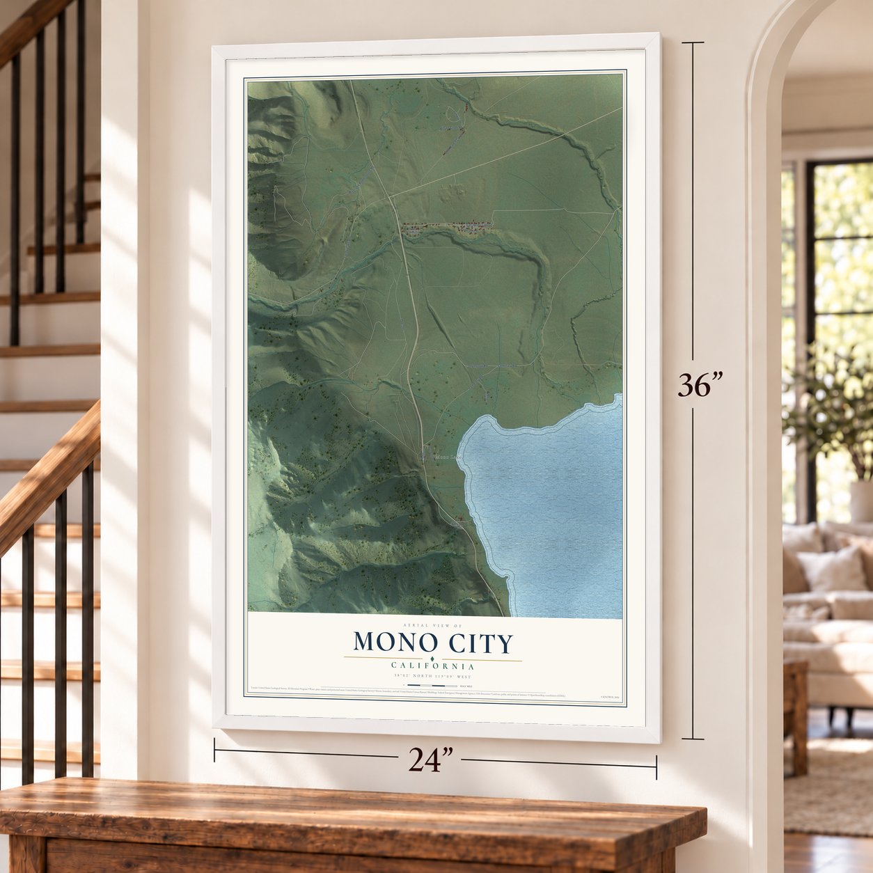 Mono City, California map, 24 x 36 inch print in a white frame by a staircase