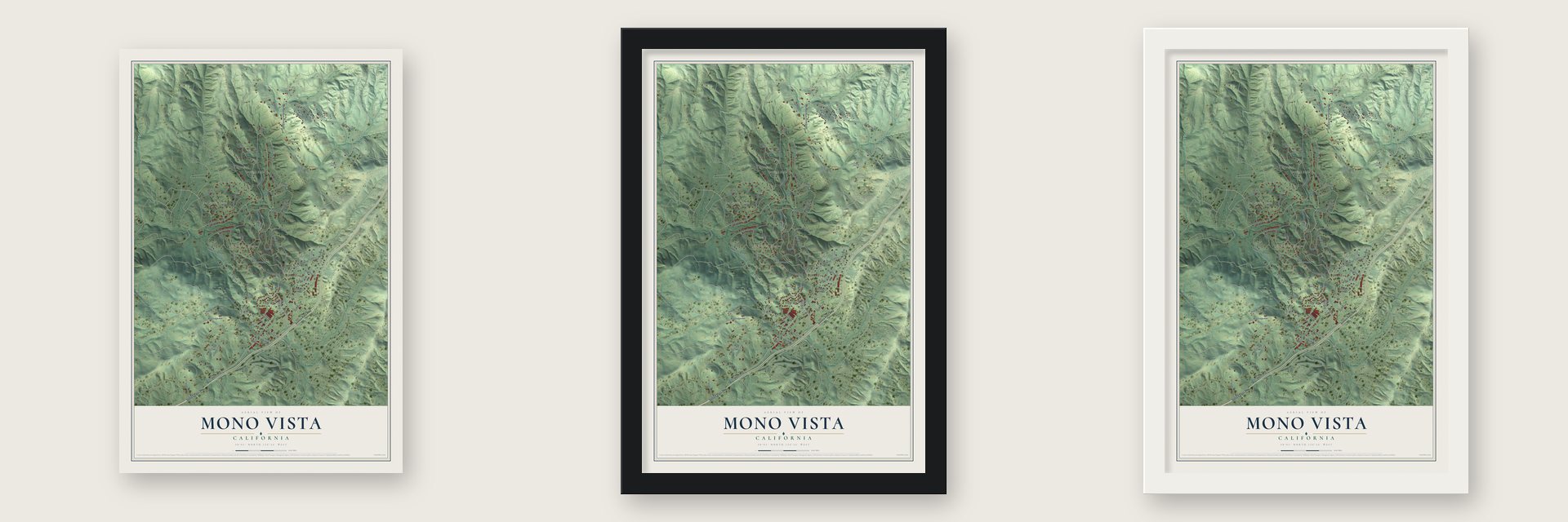 Mono Vista, California map unframed, in a black wood frame and in a white wood frame