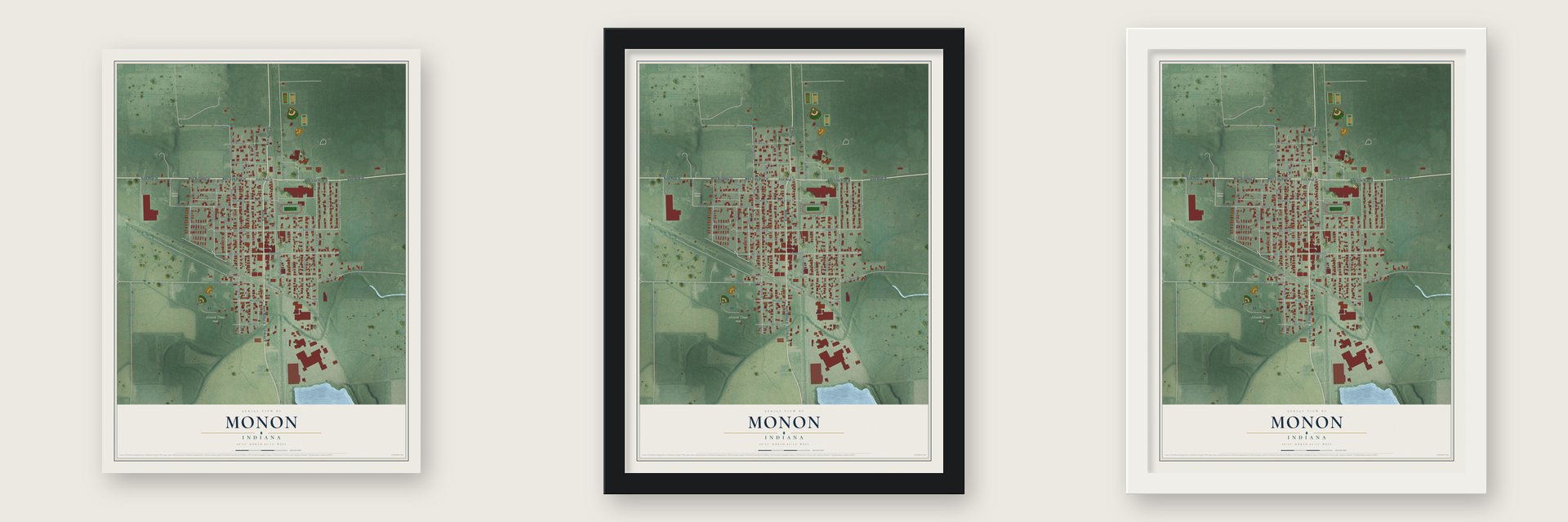 Monon, Indiana map unframed, in a black wood frame and in a white wood frame