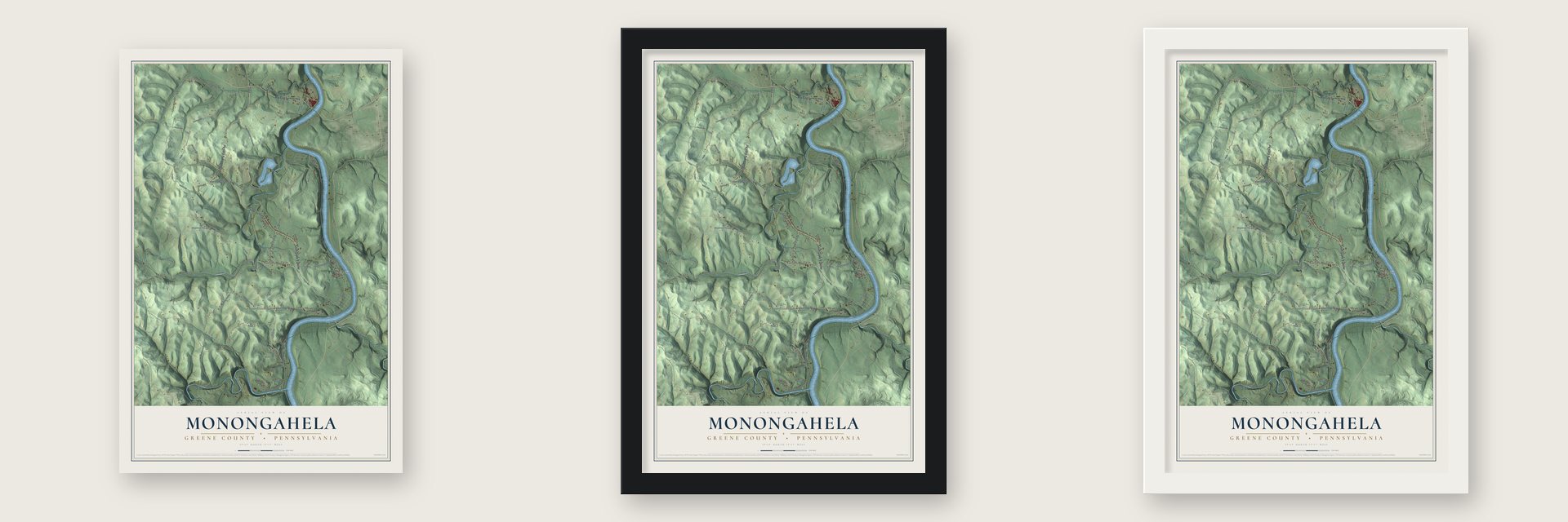 Monongahela, Greene County, Pennsylvania map unframed, in a black wood frame and in a white wood frame