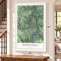 Monongahela, Greene County, Pennsylvania map, 24 x 36 inch print in a white frame by a staircase