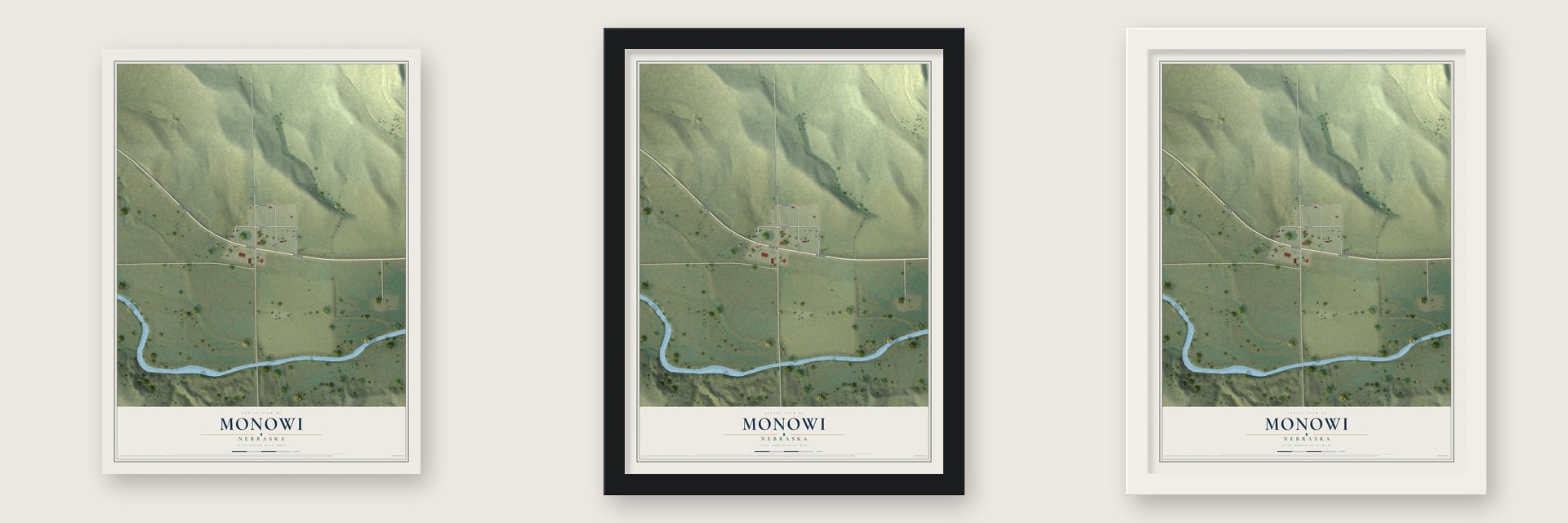 Monowi, Nebraska map unframed, in a black wood frame and in a white wood frame