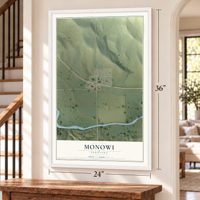 Monowi, Nebraska map, 24 x 36 inch print in a white frame by a staircase