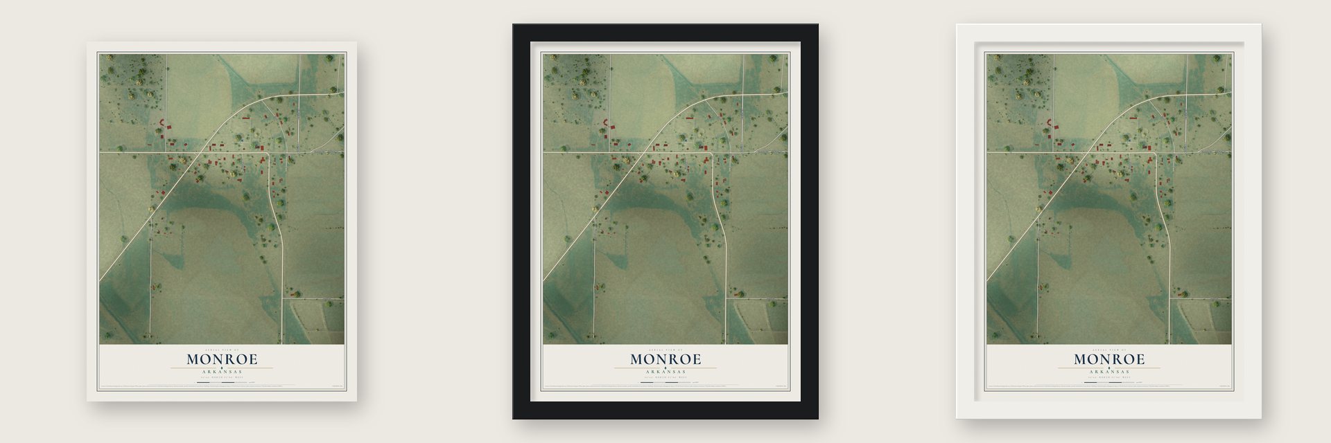 Monroe, Arkansas map unframed, in a black wood frame and in a white wood frame