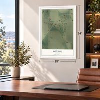 Monroe, Arkansas map, 18 x 24 inch print in a white frame in a home office