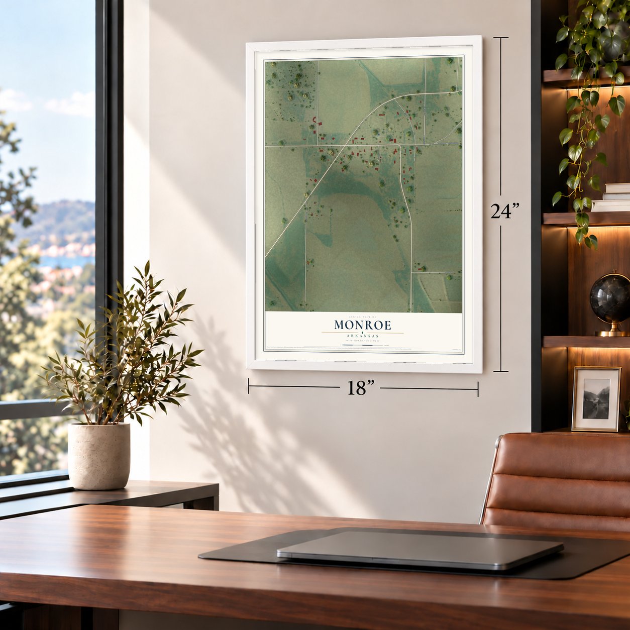 Monroe, Arkansas map, 18 x 24 inch print in a white frame in a home office
