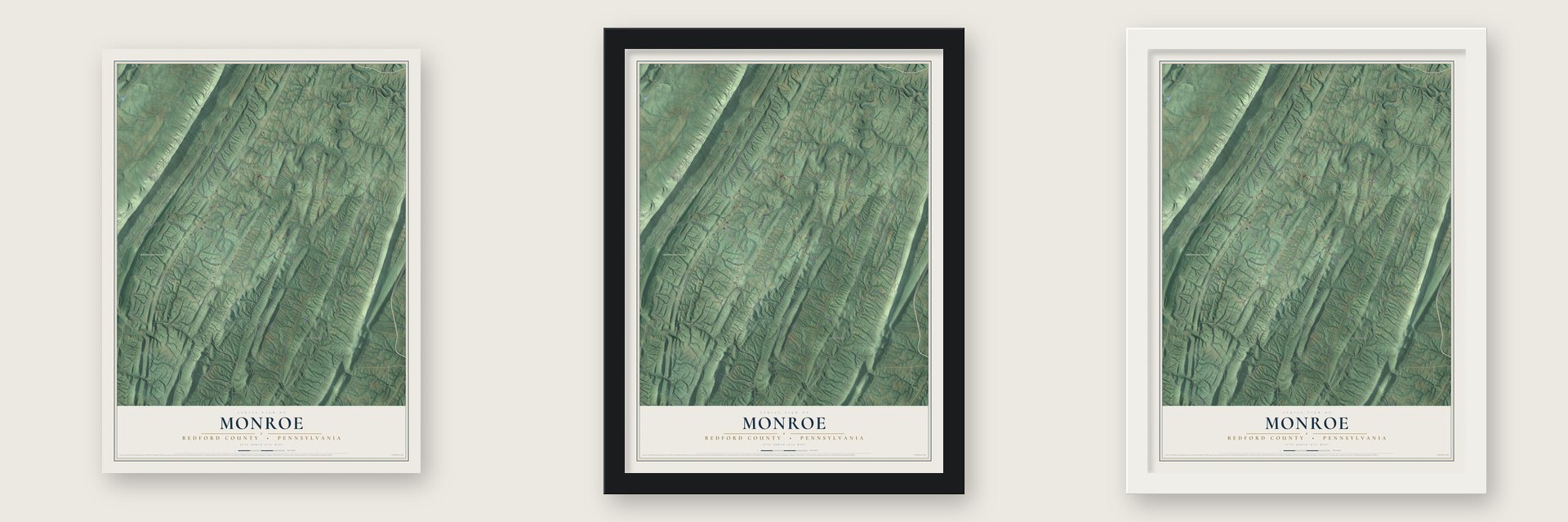 Monroe, Bedford County, Pennsylvania map unframed, in a black wood frame and in a white wood frame