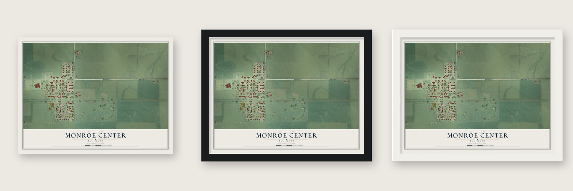 Monroe Center, Illinois map unframed, in a black wood frame and in a white wood frame