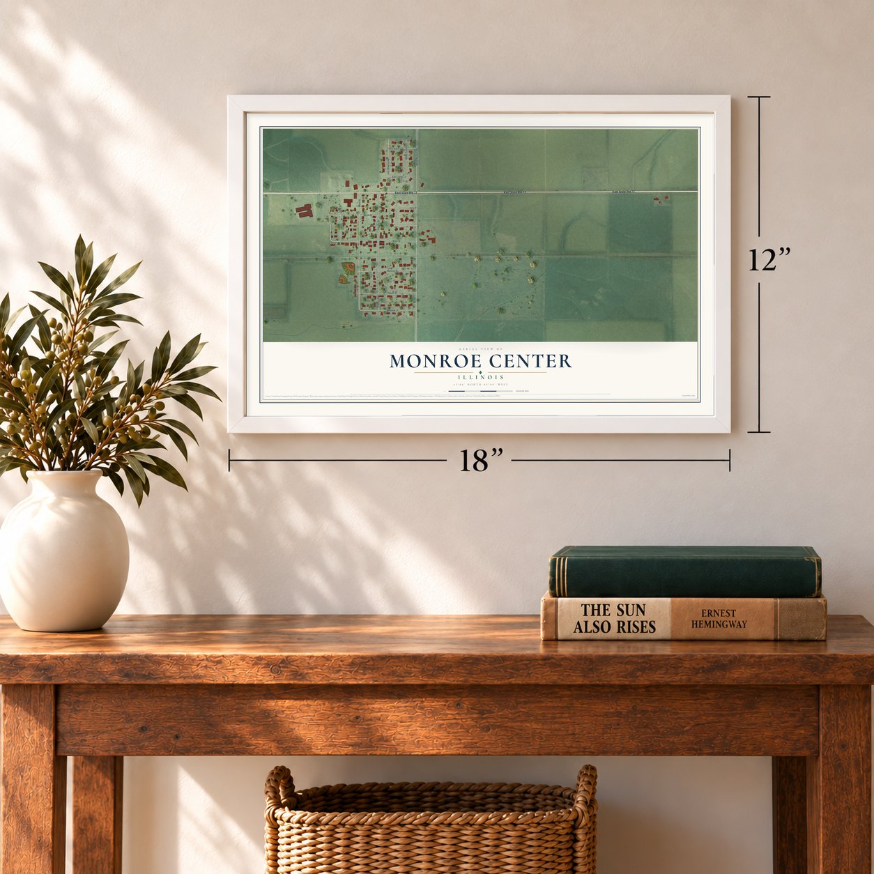 Monroe Center, Illinois map, 12 x 18 inch print in a white frame in an entryway