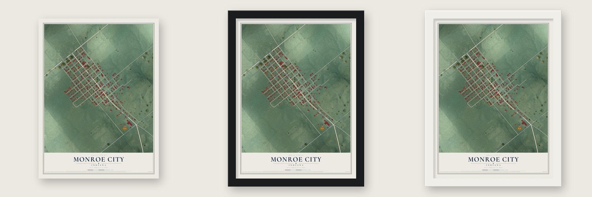 Monroe City, Indiana map unframed, in a black wood frame and in a white wood frame