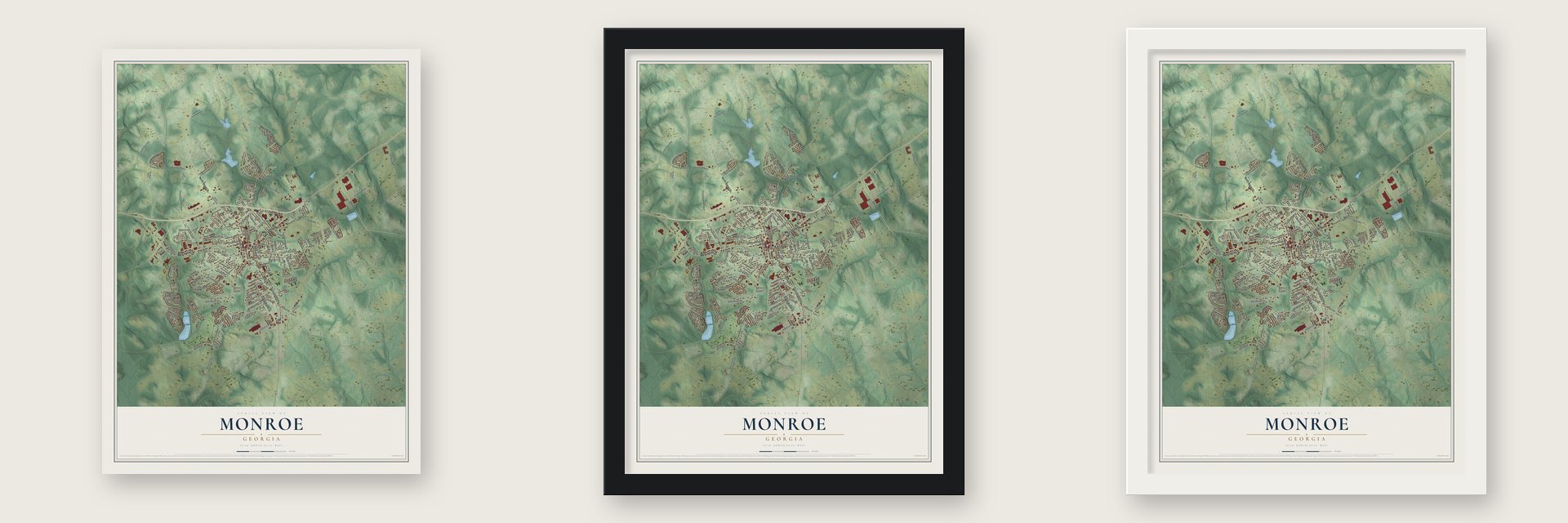 Monroe, Georgia map unframed, in a black wood frame and in a white wood frame