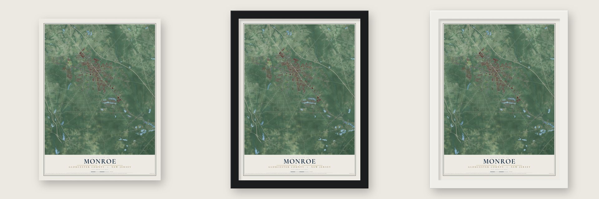 Monroe, Gloucester County, New Jersey map unframed, in a black wood frame and in a white wood frame