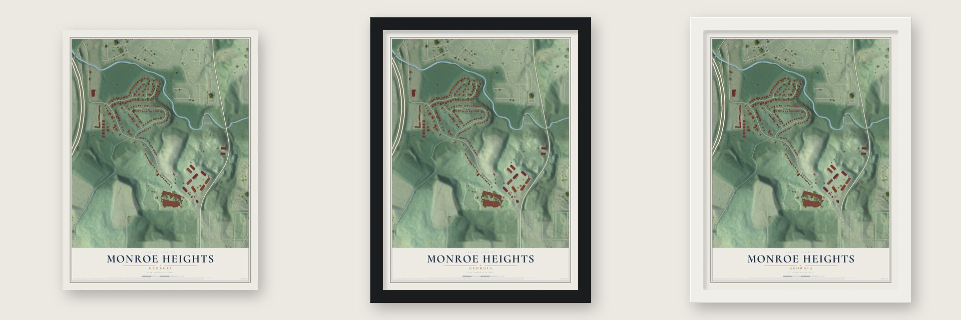Monroe Heights, Georgia map unframed, in a black wood frame and in a white wood frame